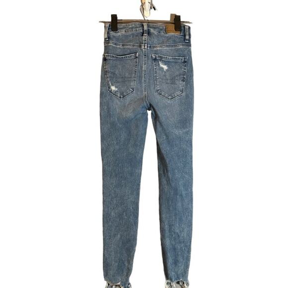 American Eagle Blue Distressed Shark Bite Fringe Classic Denim Jeans Women Sz 0R - Picture 2 of 11